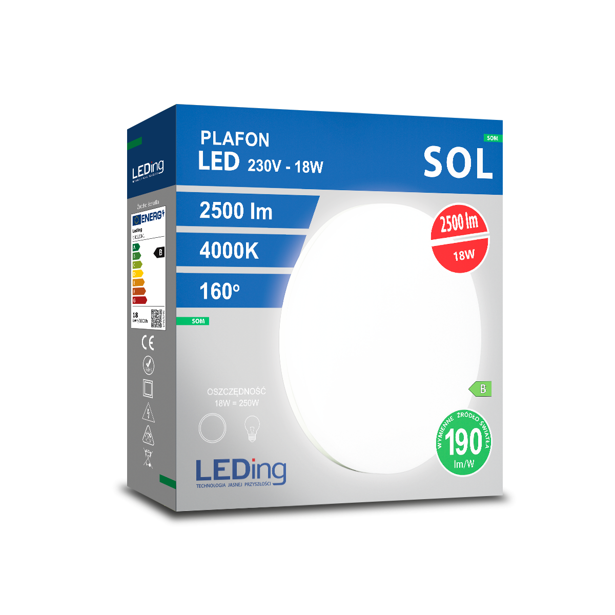 Plafon LED 18W 230V 2500lm SOL praca ciągła