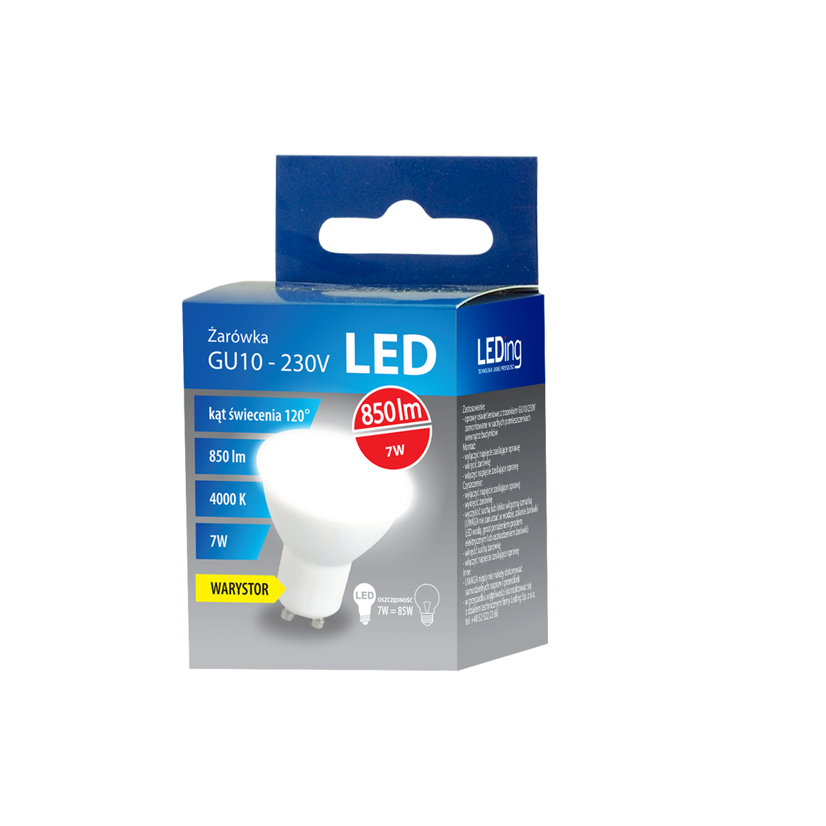 Żarówka LED GU10 7W 230V 850lm 4000K z warystorem