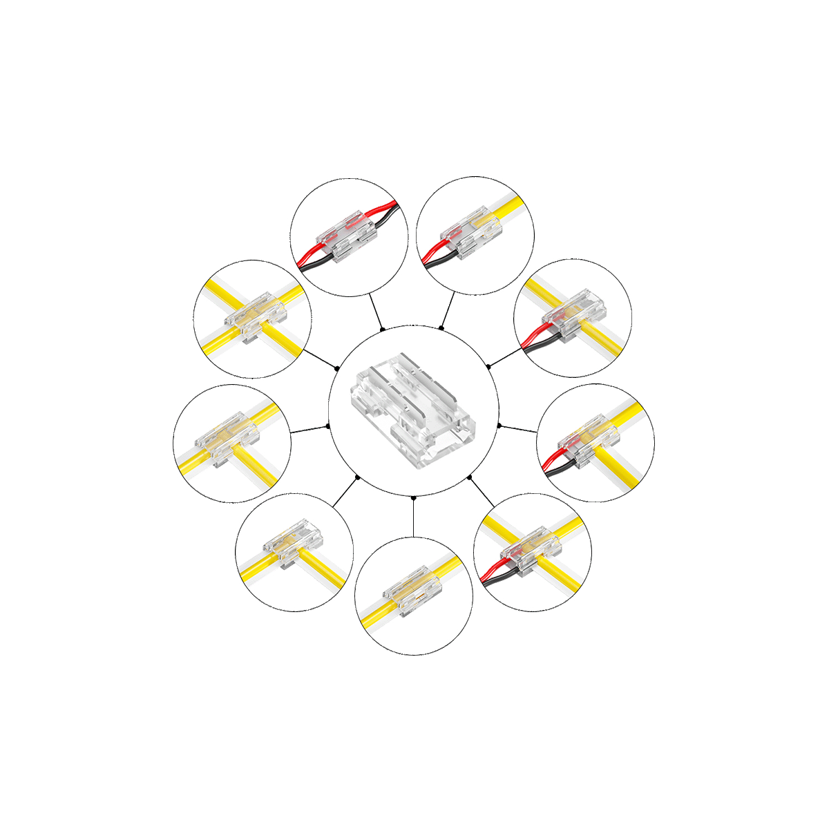 Złączka wielofunkcyjna 9w1 do taśm LED CINTA 5 mm COB – T, L, krzyż, zasilanie | 2-piny | IP20 | DC 3–24V / 5 A Złączka wielofunkcyjna 9w1 do taśm LED CINTA 5 mm COB – T, L, krzyż, zasilanie | 2-piny | IP20 | DC 3–24V / 5 A