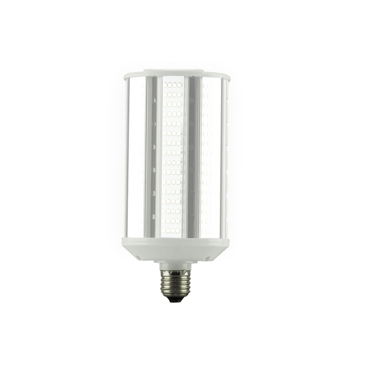 Żarówka LED o cylindrycznym kształcie z widocznymi diodami LED i metalowym gwintem do montażu.