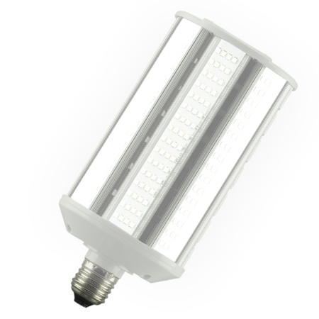 Żarówka LED o cylindrycznym kształcie z widocznymi diodami LED i metalowym gwintem do montażu.